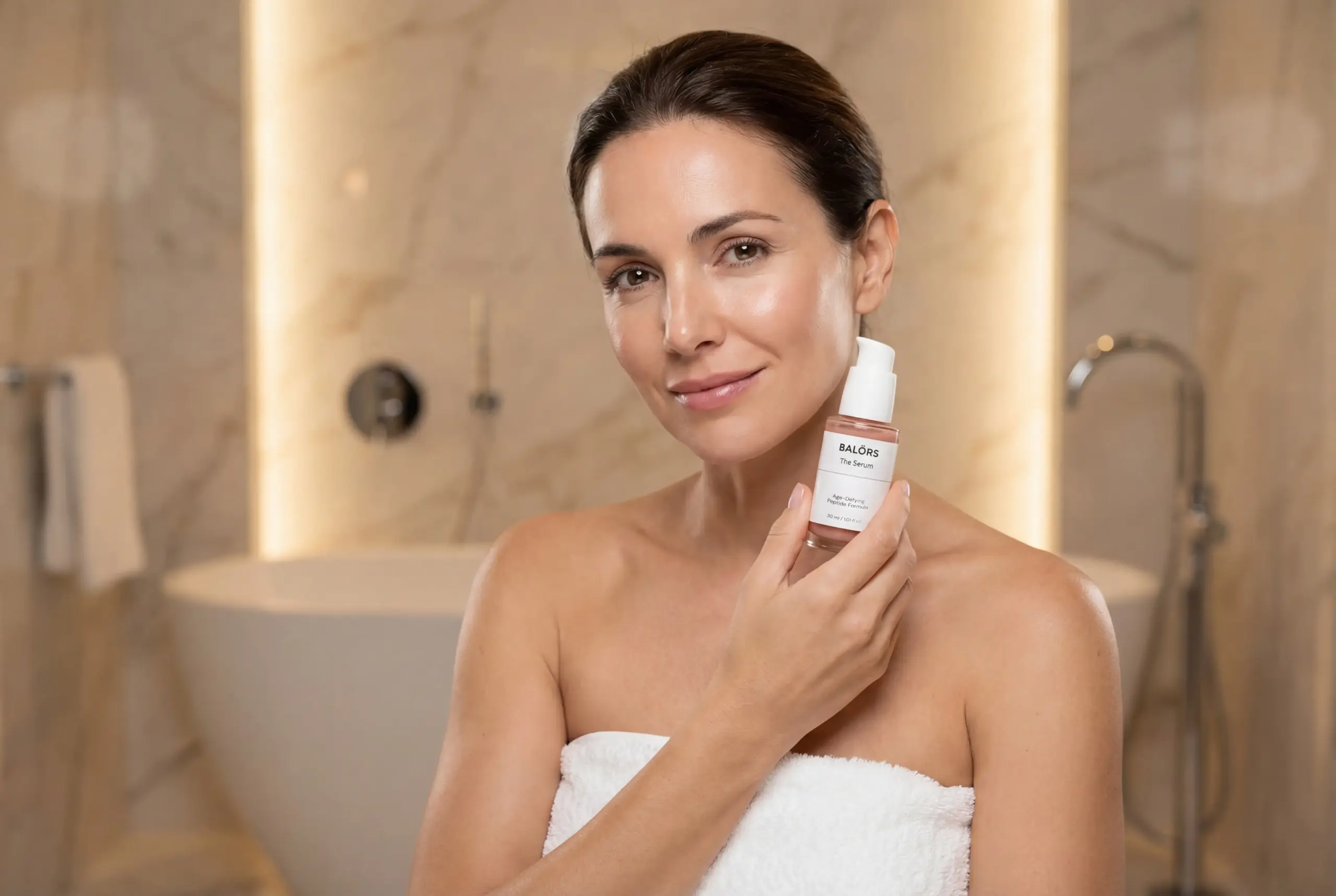 Mujer con la piel visiblemente más firme tras usar Balörs The Serum